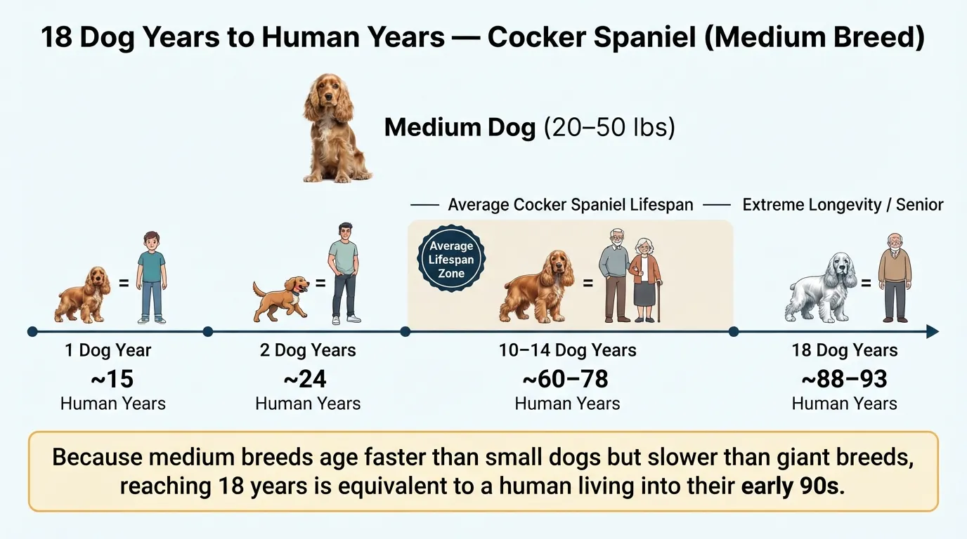 Chart showing how to convert 18 dog years to human years for a medium-sized Cocker Spaniel alongside its average lifespan.
