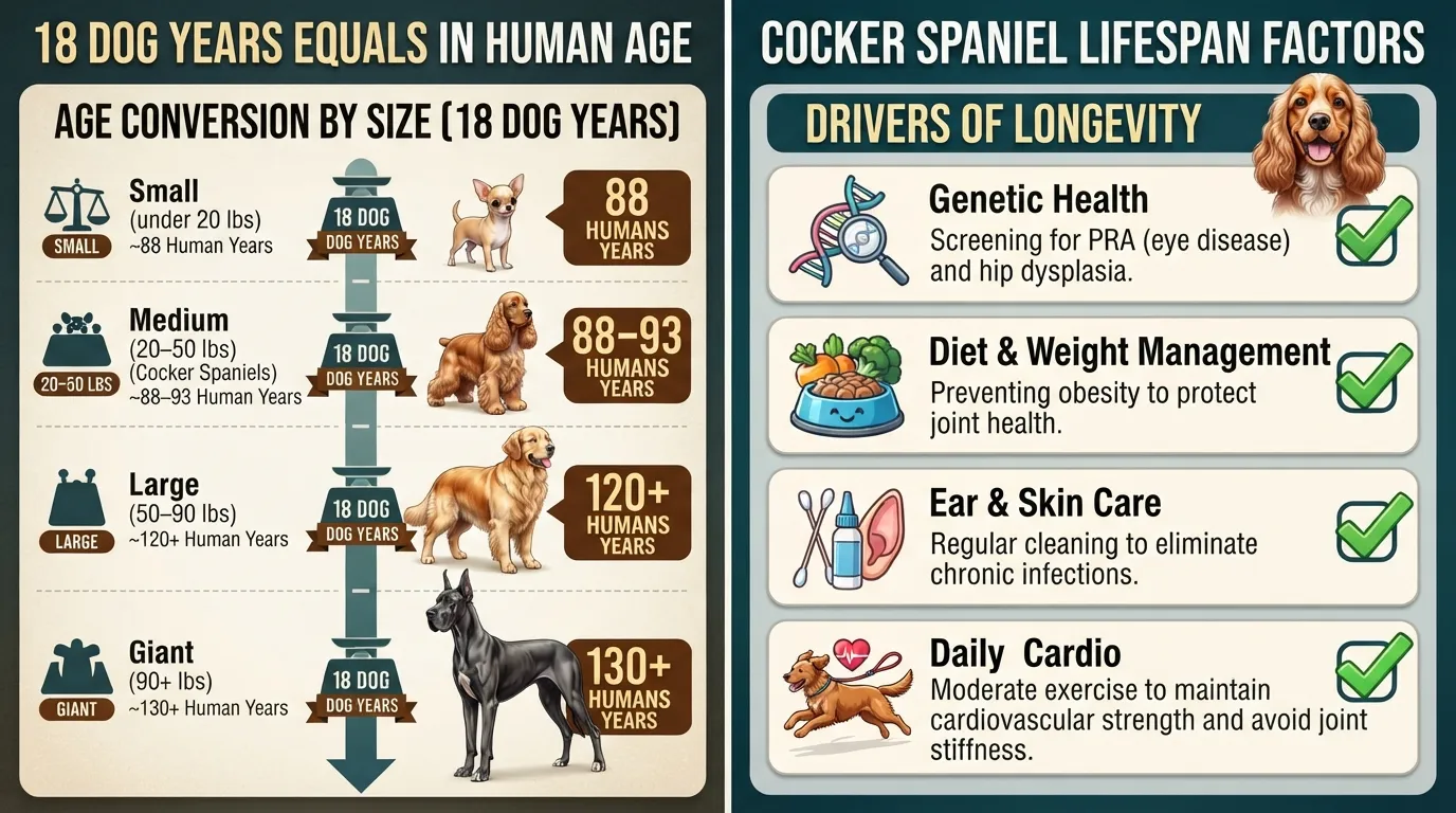 Comparison chart showing 18 dog years in human years based on dog size, with key lifestyle factors affecting a Cocker Spaniel's lifespan.