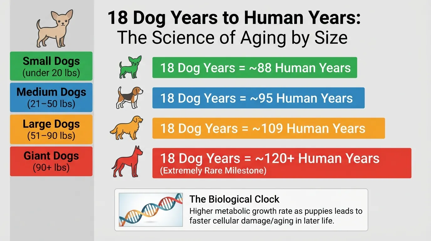 Infographic chart comparing 18 dog years to human years across small, medium, large, and giant dog breeds, showing how weight and size accelerate biological aging.