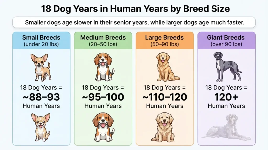 Comparison chart converting 18 dog years to human years across small, medium, large, and giant dog breed sizes.