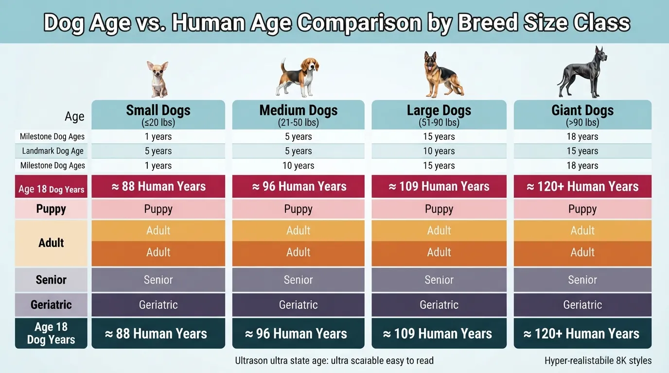 Comprehensive dog years to human years conversion infographic comparing age milestones across small, medium, large, and giant dog breeds.