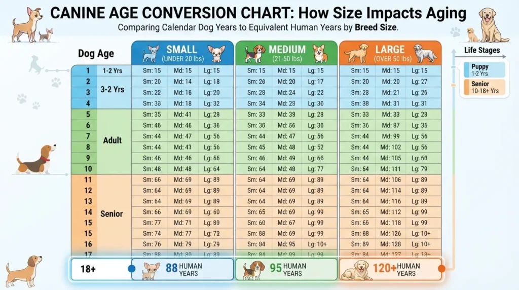 Dog years to human years comparison chart showing age calculations for small, medium, and large dog breeds at age 18.