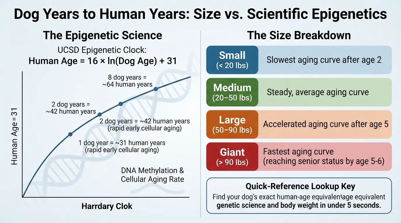 Infographic chart comparing dog years to human years by dog size, featuring the scientific UCSD epigenetic clock formula DNA methylation curve alongside traditional breed size weight categories.