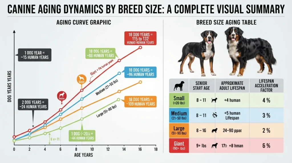 Size-based dog age comparison graphic comparing a Greater Swiss Mountain Dog and a Bernese Mountain Dog, highlighting that an 18-year-old giant breed dog translates to roughly 115+ equivalent human years compared to smaller dog breeds.