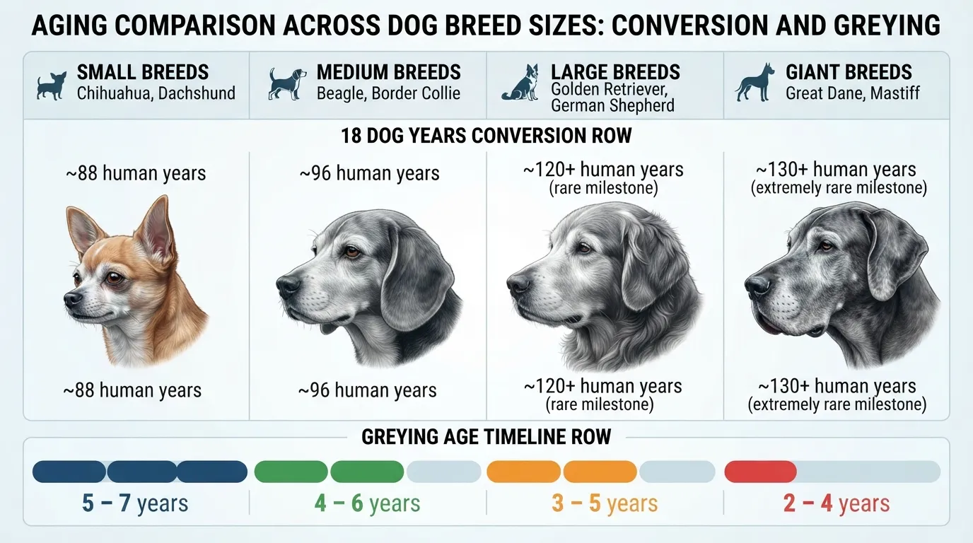 Comparison chart showing 18 dog years in human years and average greying age across small, medium, large, and giant dog breeds
