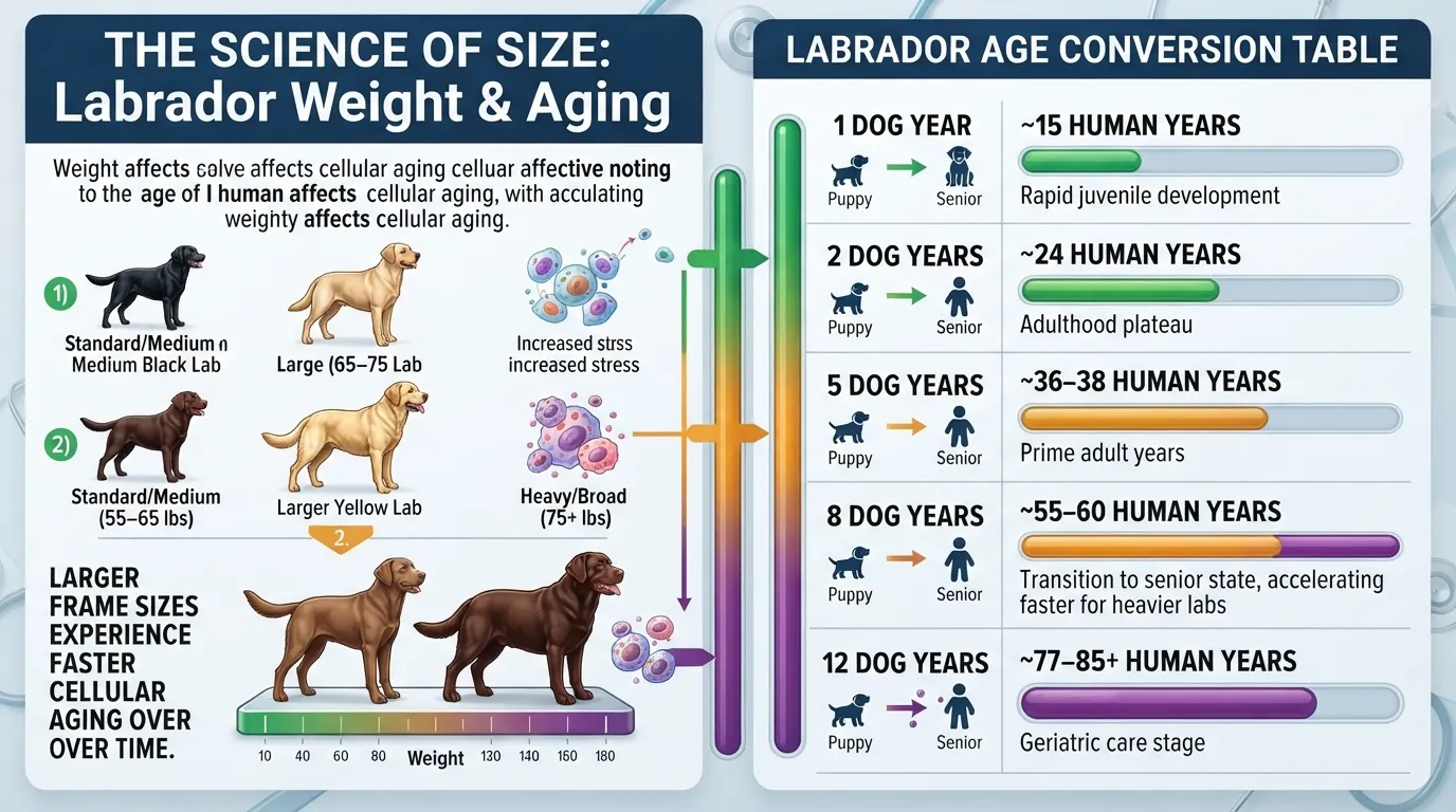 Infographic chart mapping Labrador Retriever dog years to human years based on medium to large breed size and body weight.