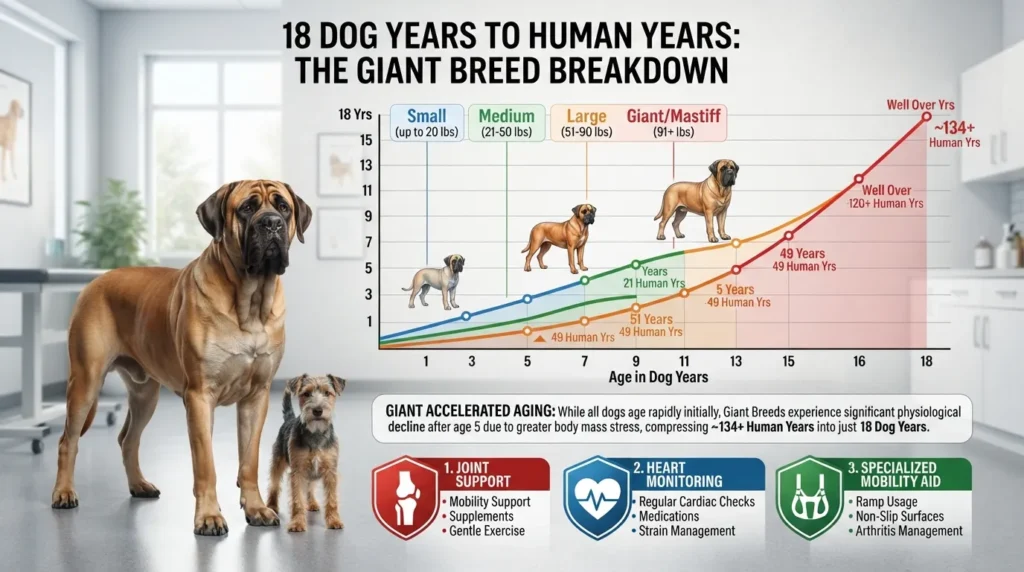 Comparison chart showing 18 dog years converted to human years for giant breeds like Mastiffs compared to smaller dog breeds.