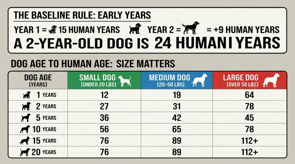 A clear dog years to human years conversion chart comparing 1 to 20 calendar years across small, medium, and large dog breeds.