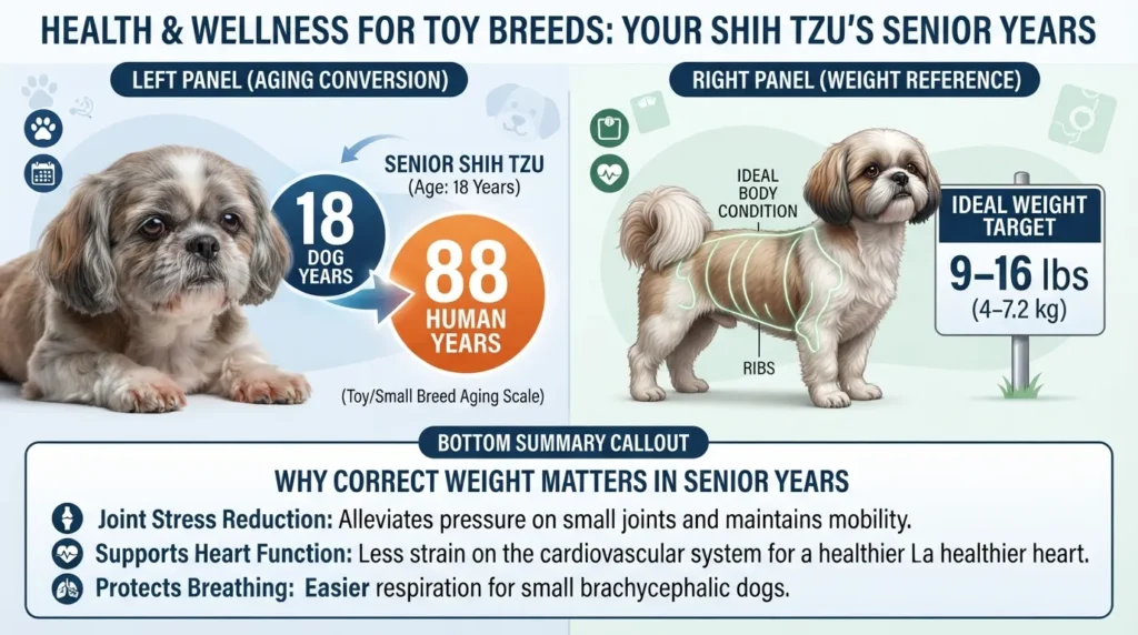 Comparison chart showing how 18 dog years convert to human years for toy breed dogs like Shih Tzus alongside ideal adult weight ranges.