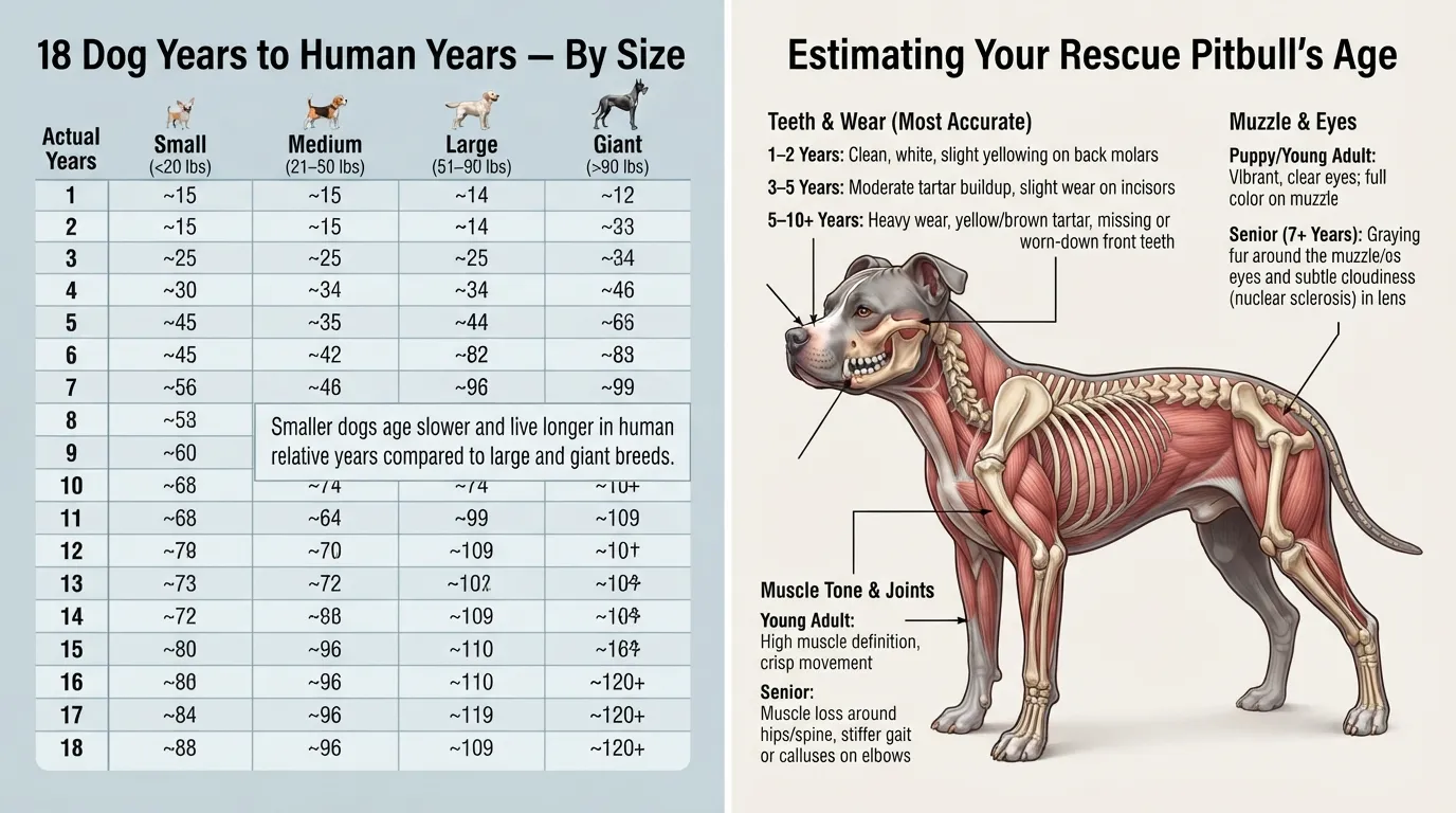 A comprehensive age estimation infographic showing a dog years to human years conversion chart broken down by four size categories alongside physical indicators for estimating a rescue Pitbull's age.