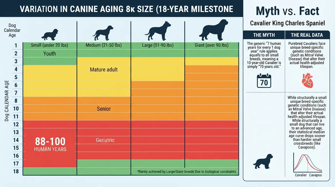 A comparative dog age chart showing 18 dog years converted to human years across small, medium, large, and giant dog sizes, specifically highlighting the Cavalier King Charles Spaniel lifespan reality versus common breed myths.
