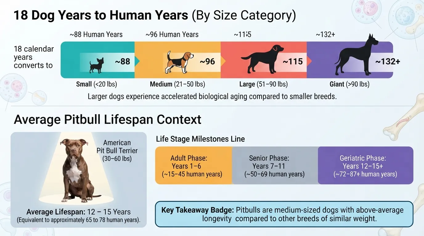 Size-based dog age comparison chart showing 18 dog years in human years alongside average Pitbull lifespan benchmarks.