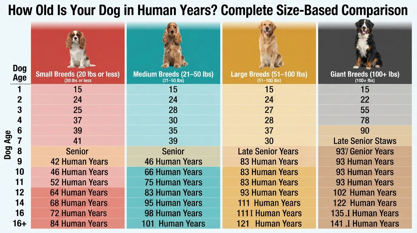 A comprehensive dog years to human years conversion chart broken down by four distinct canine sizes: small breeds up to 20 pounds, medium breeds 21 to 50 pounds, large breeds 51 to 100 pounds, and giant breeds over 100 pounds, showing age translations up to senior stages.