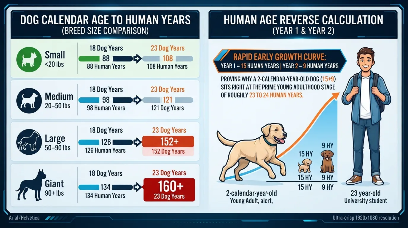 Infographic chart showing dog age to human age conversion across small, medium, large, and giant breeds at 18 and 23 dog years.