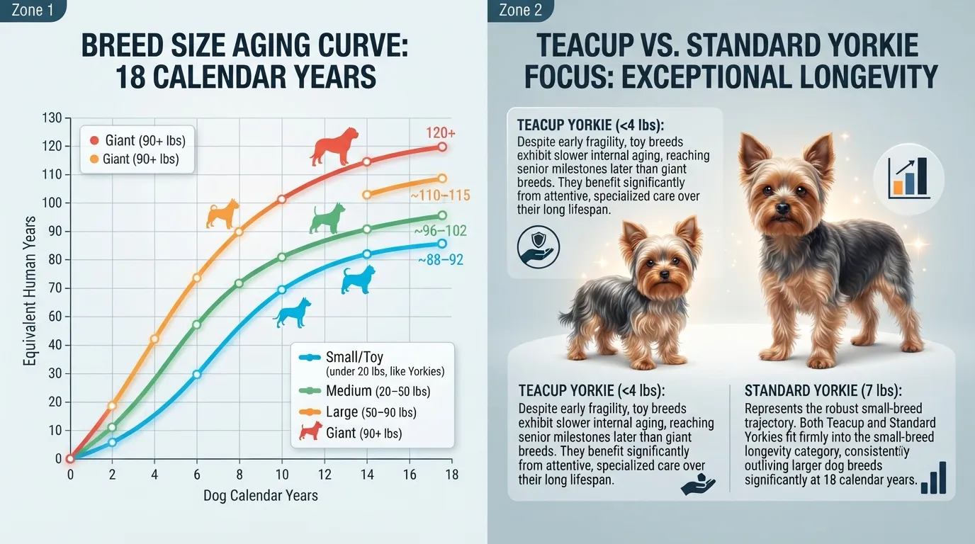 Comparison chart showing 18 dog years in human years for small, medium, large, and giant breeds, highlighting the aging difference between a Teacup Yorkie and a Standard Yorkie.