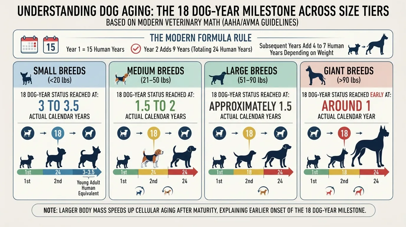Infographic chart illustrating how veterinarians calculate 18 dog years into human years across small, medium, large, and giant breed weight categories.