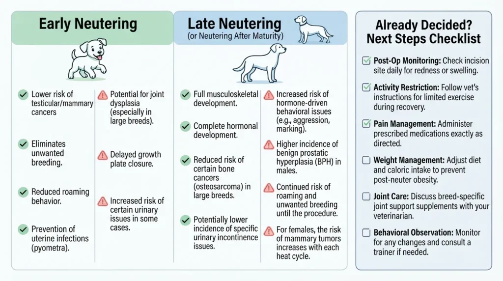 Comparison chart showing the risks and benefits of early versus late neutering in dogs, including growth, behavior, and cancer risks.