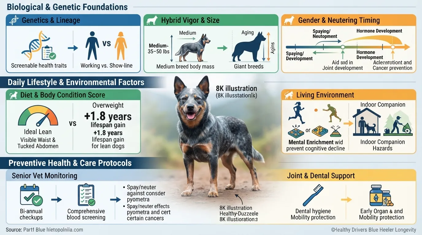 Comprehensive educational infographic illustrating key biological, environmental, and care factors that impact a Blue Heeler's lifespan and overall health.