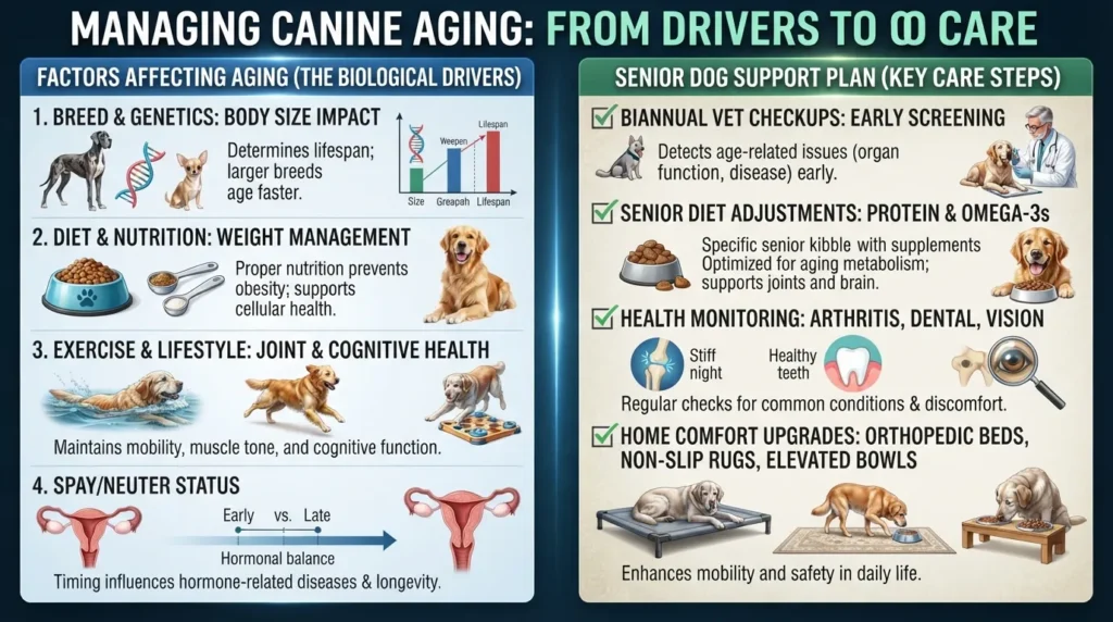 Infographic showing key factors affecting senior dog aging including genetics, diet, and exercise, alongside senior dog care tips like biannual vet visits and joint support.