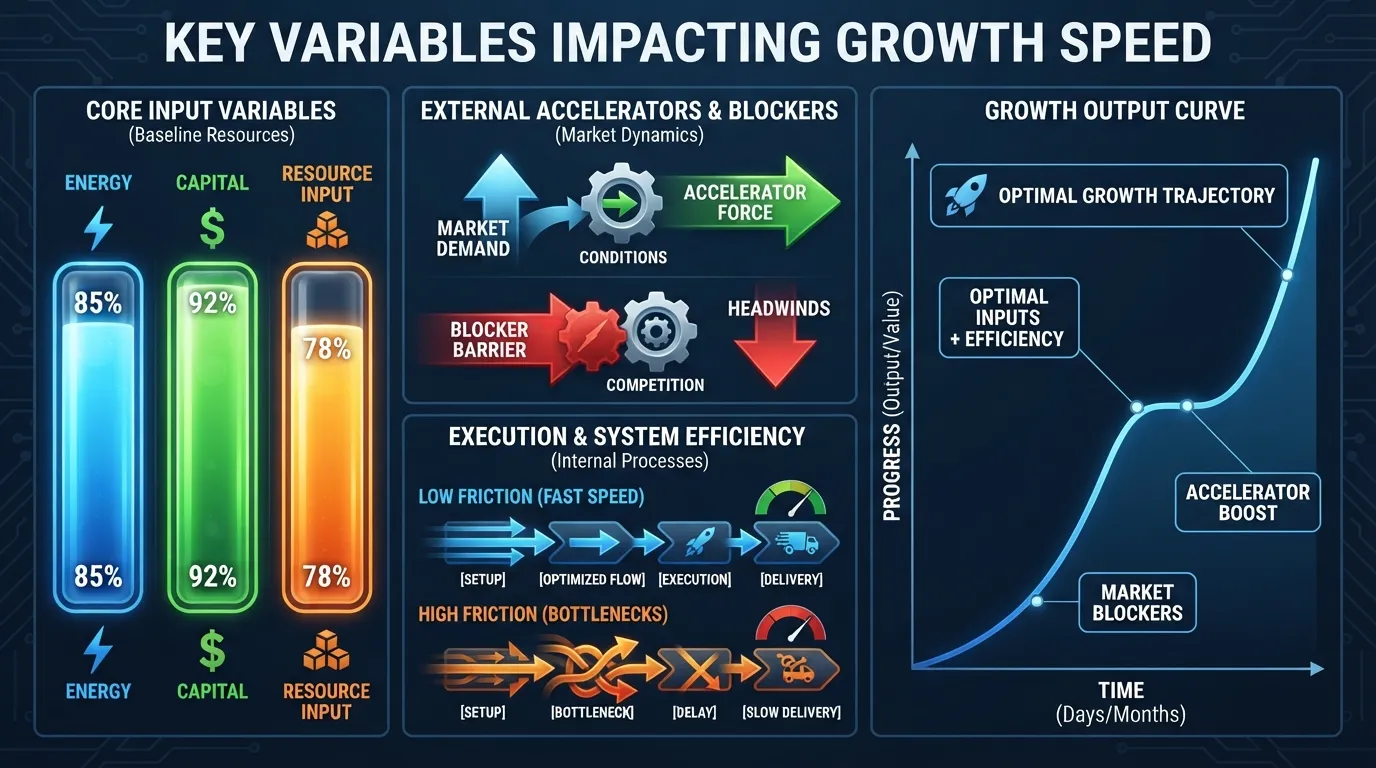 Infographic displaying key factors that affect growth speed, including resource allocation, strategy, market conditions, and operational execution.