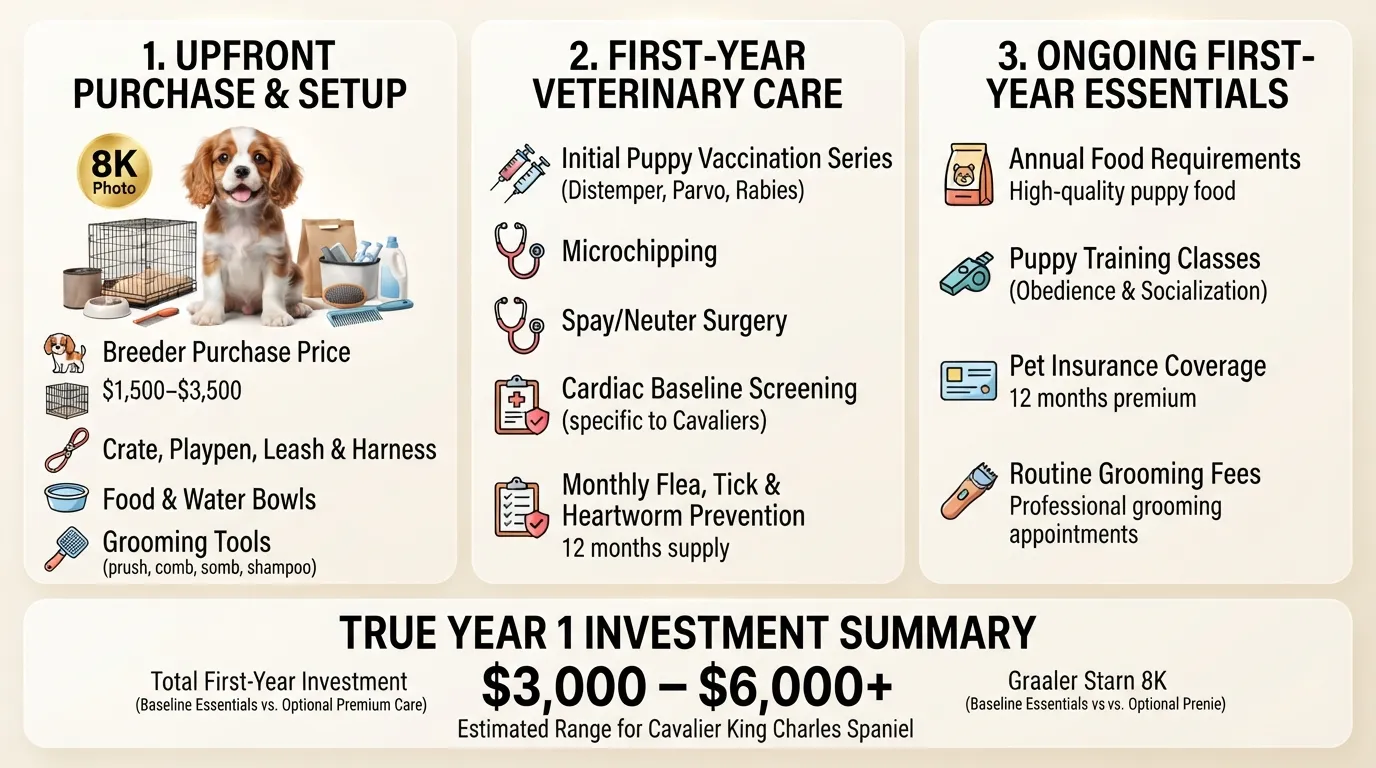 Infographic chart detailing the first-year cost breakdown of owning a Cavalier King Charles Spaniel, including initial puppy purchase price, essential supplies, and first-year veterinary care expenses.