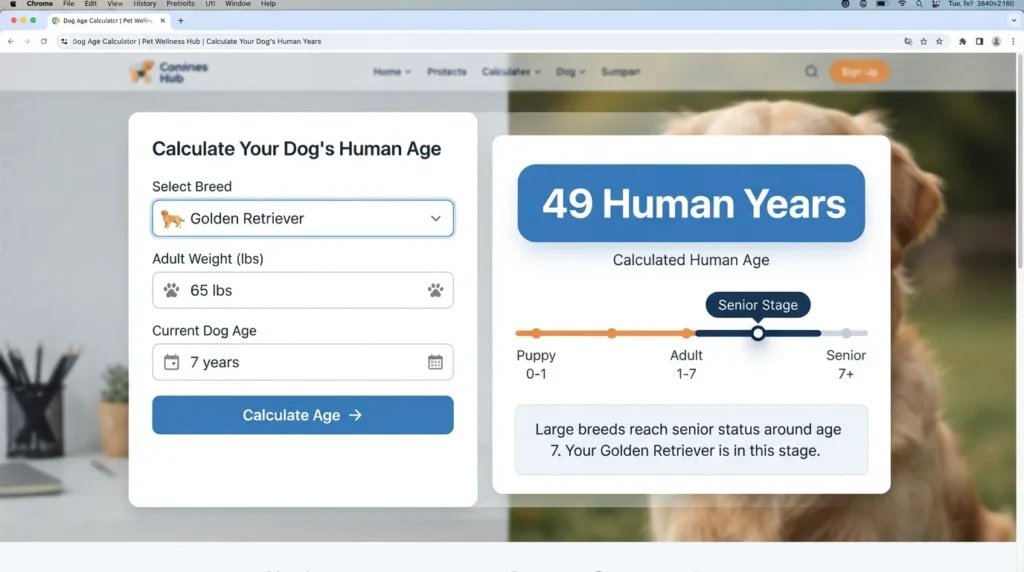 Preview of an online dog age calculator showing breed selection, weight category input, and instant human age conversion.