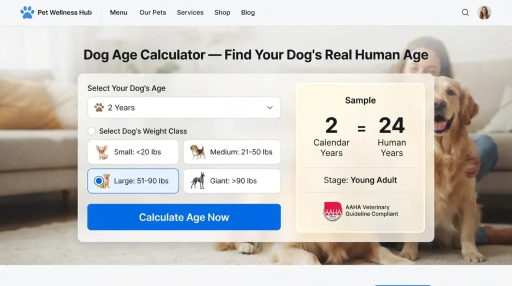 Interactive preview of a free online dog age calculator showing input fields for dog age, breed size, and calculated human age equivalent.