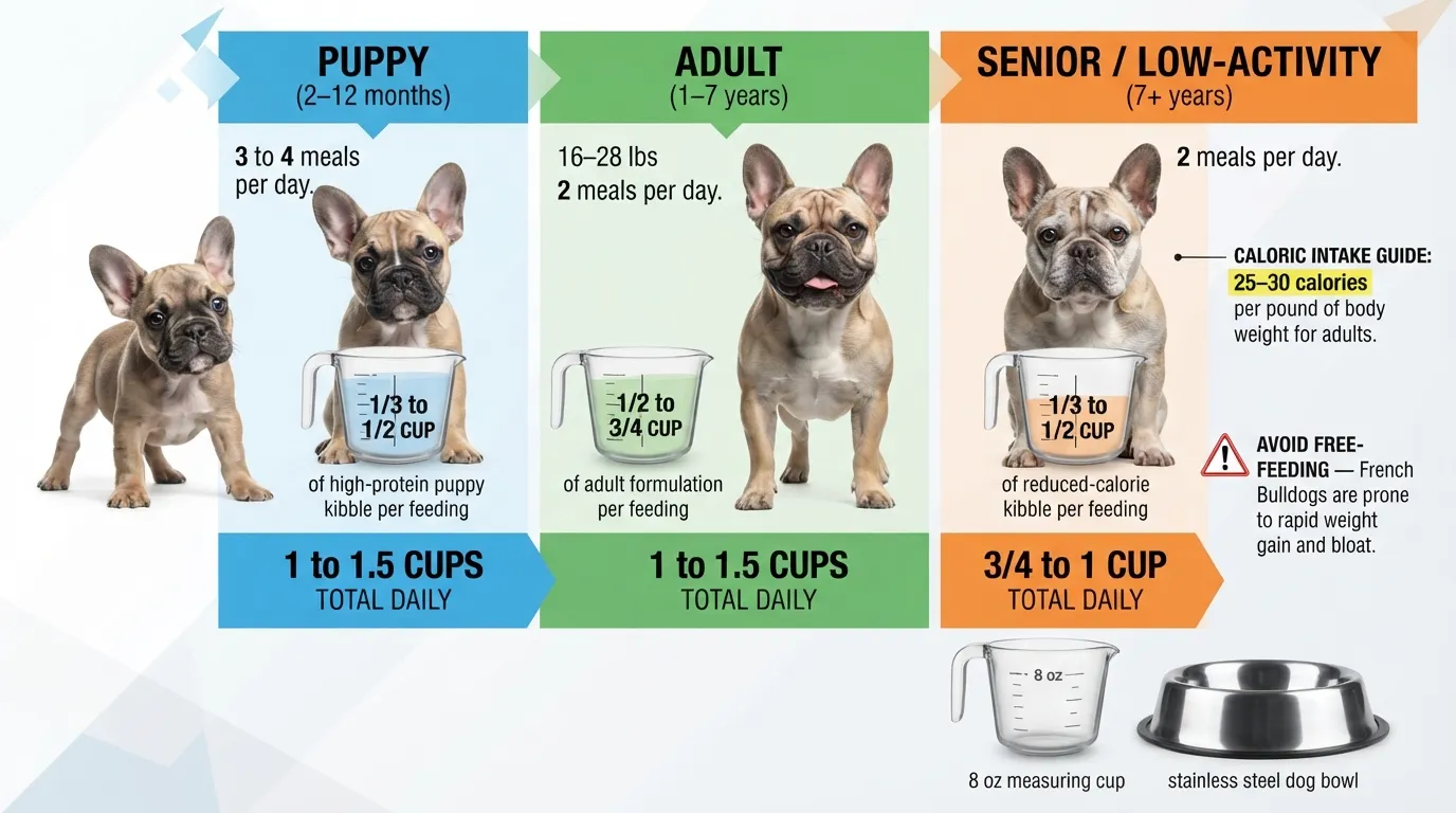 A visual French Bulldog feeding portion chart displaying recommended kibble amounts per meal for puppies, adults, and seniors based on weight.