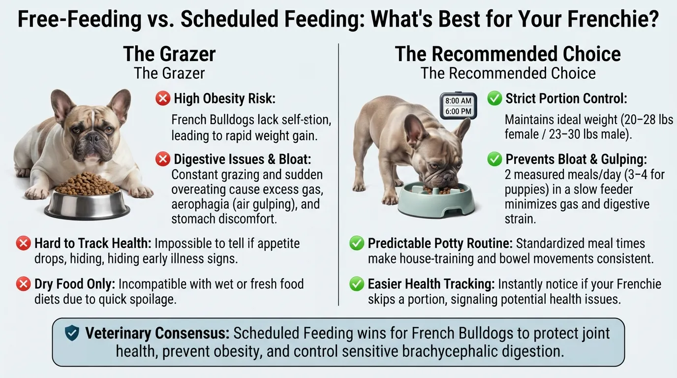 Side-by-side comparison infographic comparing free-feeding and scheduled feeding for French Bulldogs, highlighting obesity risk, digestive bloating, and routine benefits.