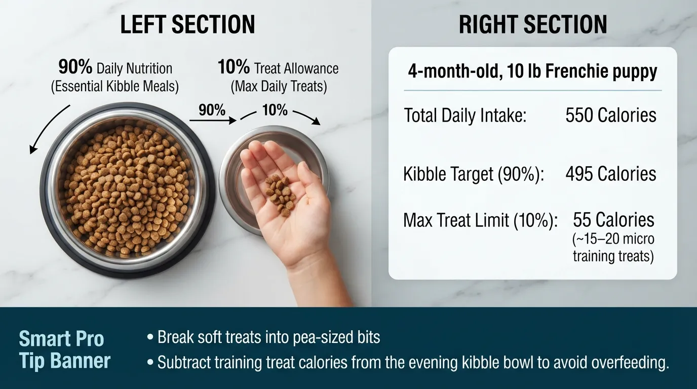 Infographic illustrating the 10 percent treat rule for a French Bulldog puppy, showing a bowl with 90 percent kibble for main nutrition and a small 10 percent treat allowance with a calorie breakdown.