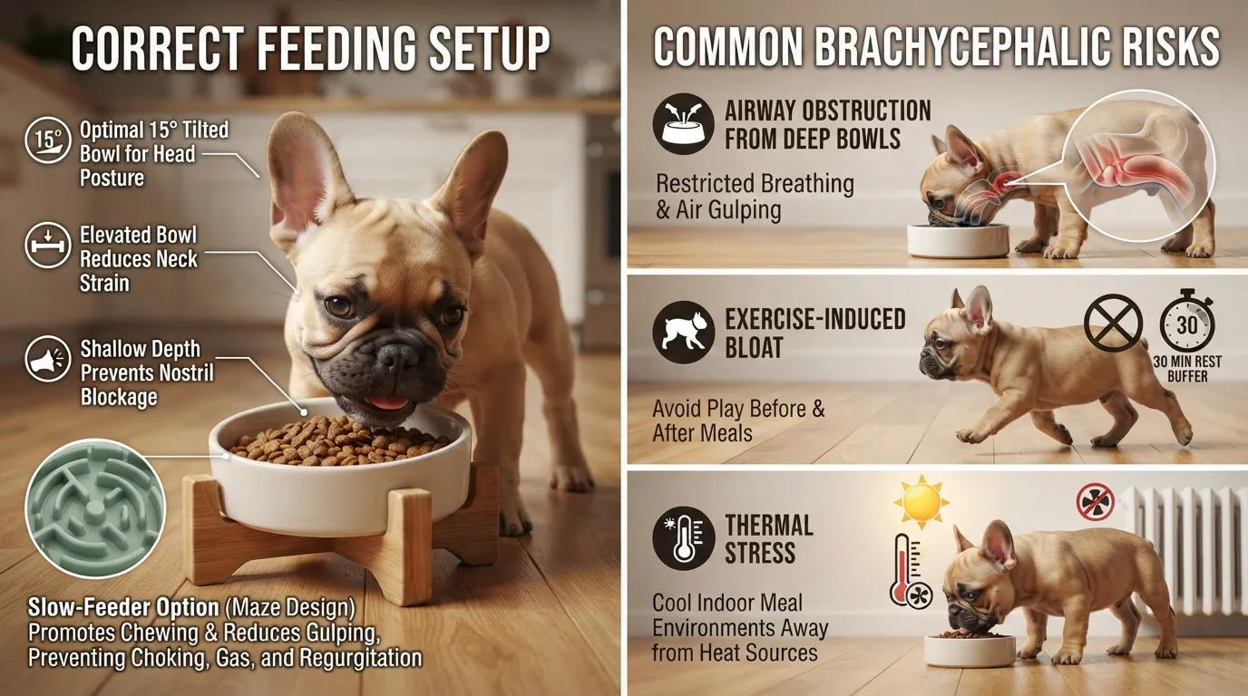 A flat-faced French Bulldog puppy eating kibble from an elevated, tilted slow-feeder bowl to prevent air gulping and bloat.