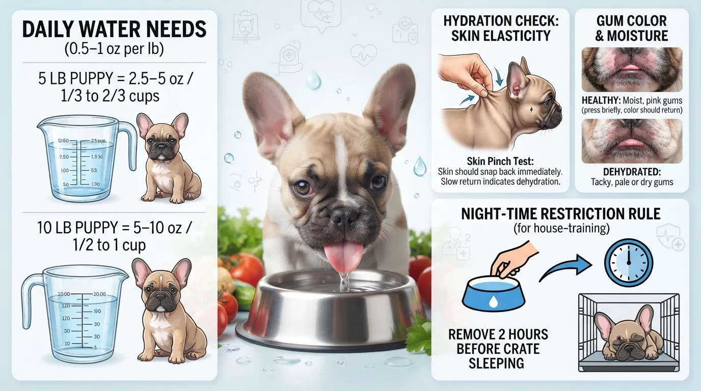 Infographic showing French Bulldog puppy daily water intake guidelines in ounces and cups per pound of body weight alongside dehydration physical check signs.