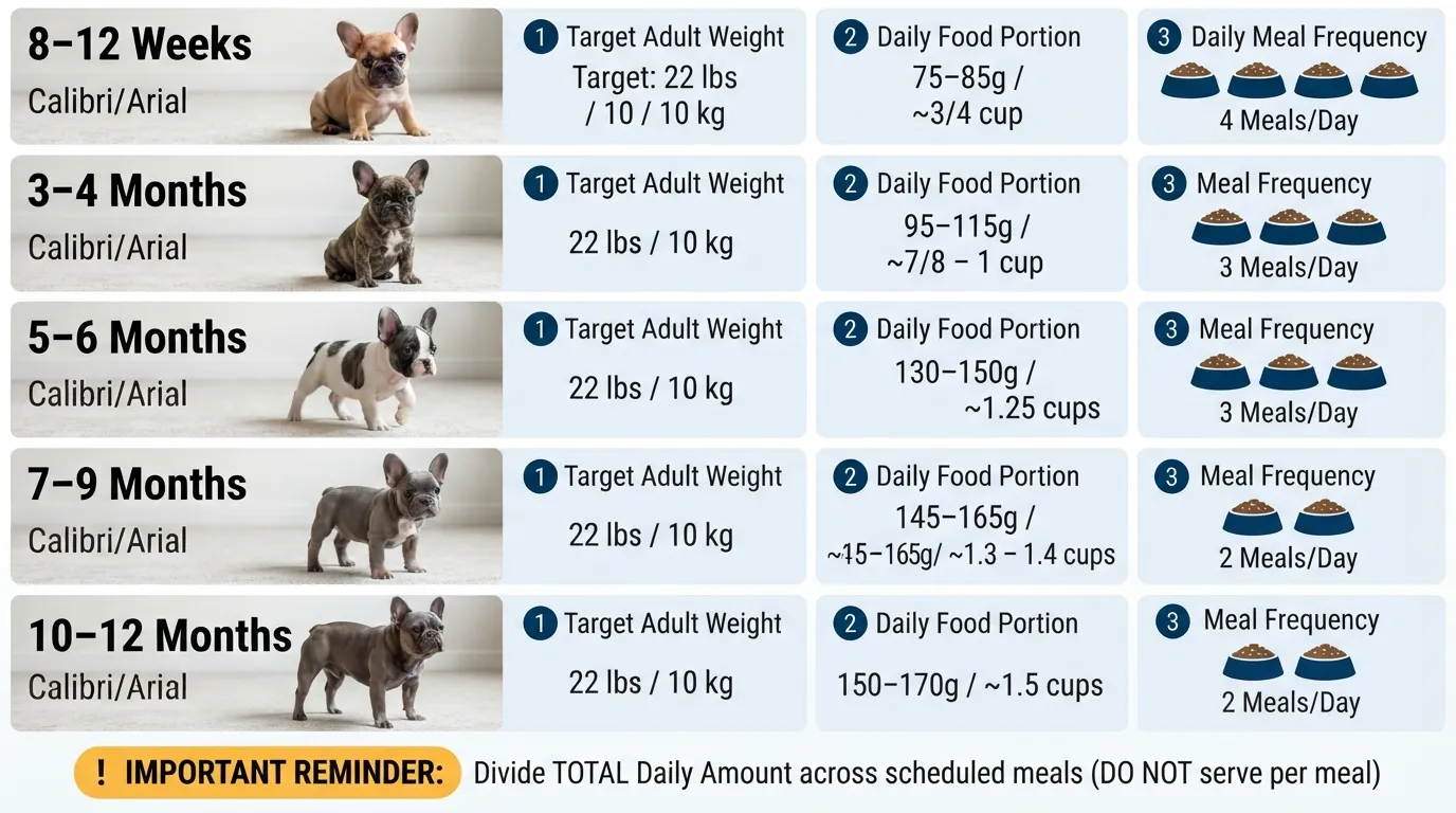 Infographic showing a French Bulldog puppy feeding chart with daily kibble portions in grams and cups, alongside meal frequency from 8 weeks to 12 months.