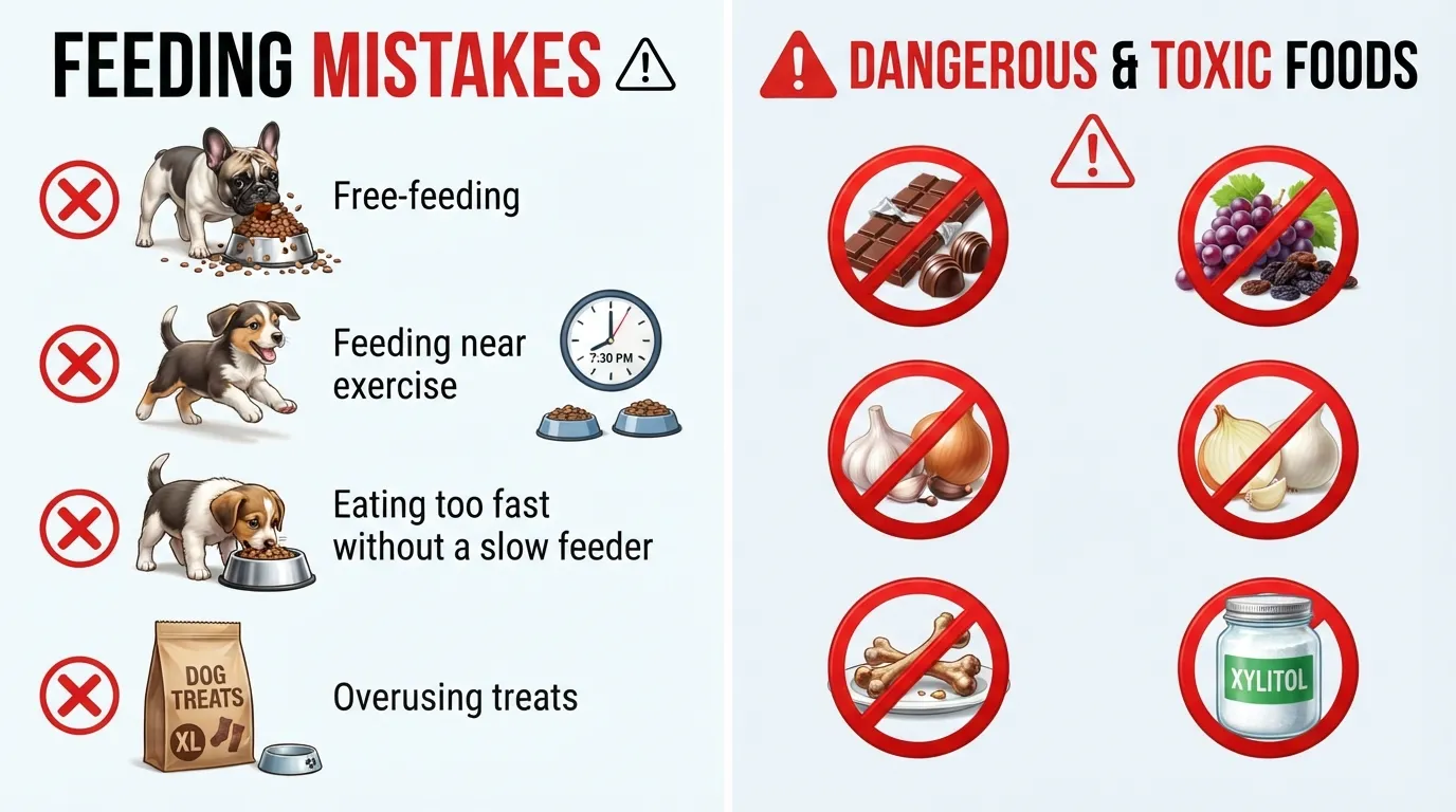 Infographic checklist highlighting common French Bulldog puppy feeding mistakes to avoid, including free-feeding, fast eating, exercising after meals, and toxic foods like chocolate and grapes.
