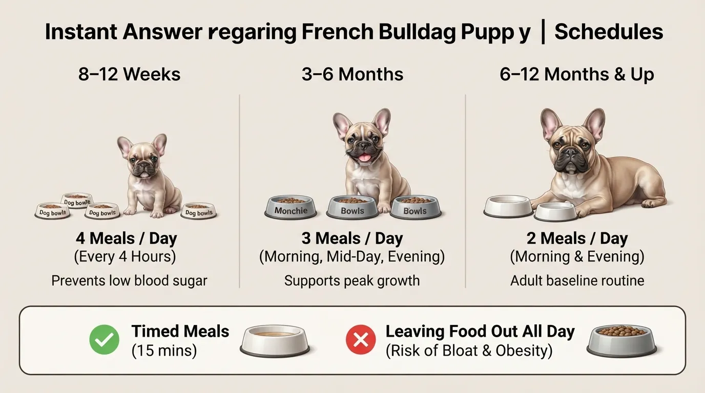 Infographic showing a French Bulldog puppy feeding schedule across three age stages: 4 meals daily for 8 to 12 weeks, 3 meals for 3 to 6 months, and 2 meals daily for 6 to 12 months.