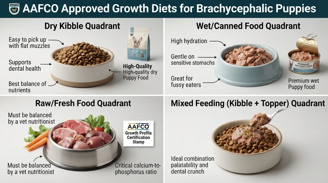 Infographic comparing dry kibble, canned wet food, raw diet, and fresh cooked meals for a French Bulldog puppy, highlighting AAFCO growth standards and proper jaw fit for flat-faced breeds.