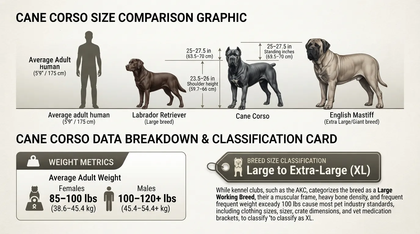 A full-grown adult Cane Corso standing next to an average height human, a Large dog breed (Labrador Retriever), and an Extra Large dog breed (English Mastiff) to compare size, height, and body weight.
