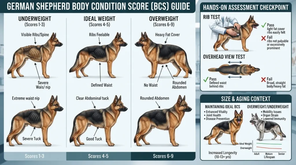 German Shepherd Body Condition Score chart showing visual side and overhead views to assess proper weight and feeding portions.