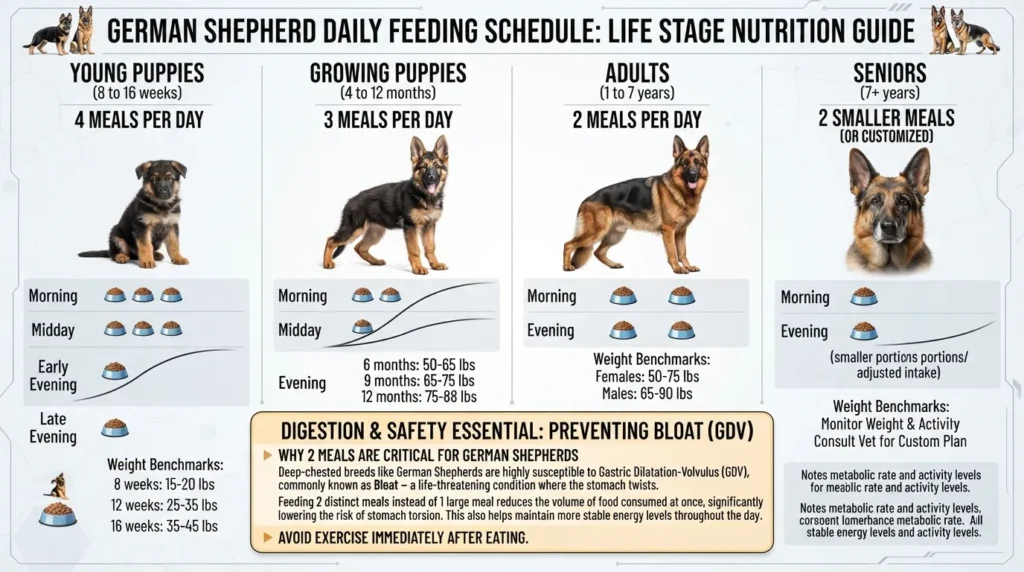 Infographic showing how many times a day to feed a German Shepherd across puppy, adult, and senior life stages based on age and size.