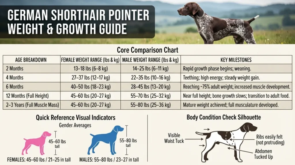 An infographic displaying a German Shorthaired Pointer weight growth chart by age for male and female dogs, including average adult target weights and healthy body condition scoring.