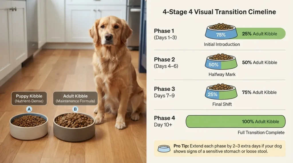 A step-by-step 10-day dog food transition schedule chart showing exact kibble mixing ratios for switching a Golden Retriever from puppy to adult food.
