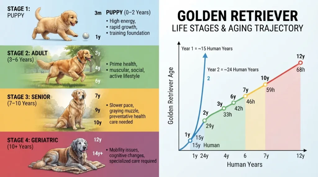 Interactive visual chart and calculator interface comparing a Golden Retriever's age in calendar years to human equivalent age across puppy, adult, senior, and geriatric life stages.