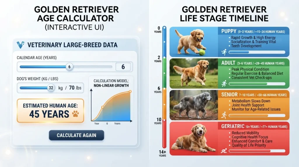Side-by-side comparison chart and age calculator diagram showing Golden Retriever age conversion to human years across puppyhood, adult, senior, and geriatric life stages.