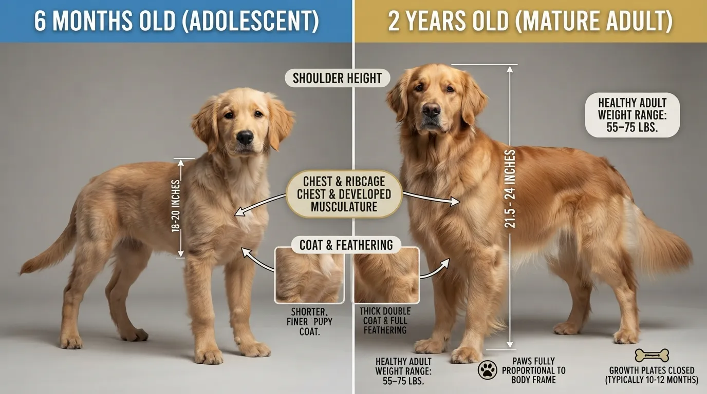 A side-by-side visual guide showing an adolescent Golden Retriever alongside a fully grown 2-year-old Golden Retriever, highlighting full shoulder height, expanded chest breadth, and thick adult double coat.