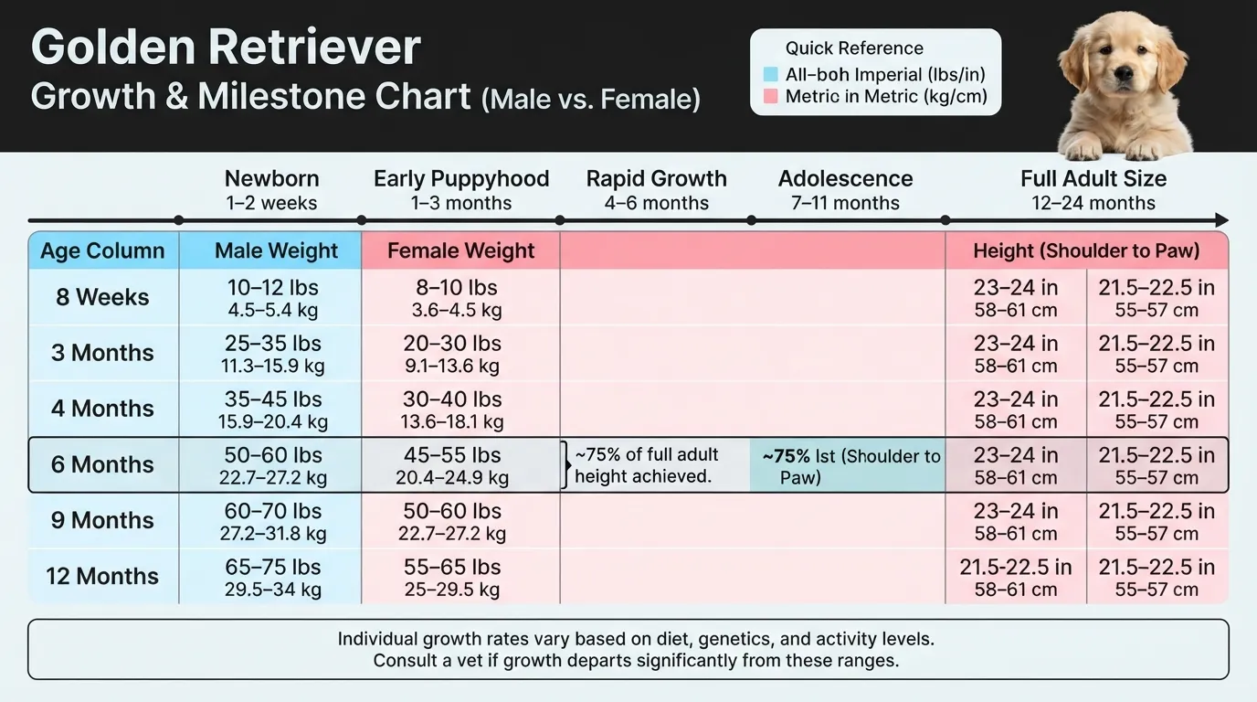 Comprehensive Golden Retriever growth chart comparing average weight in pounds and kilograms alongside height in inches and centimeters from 1 to 12 months for males and females.