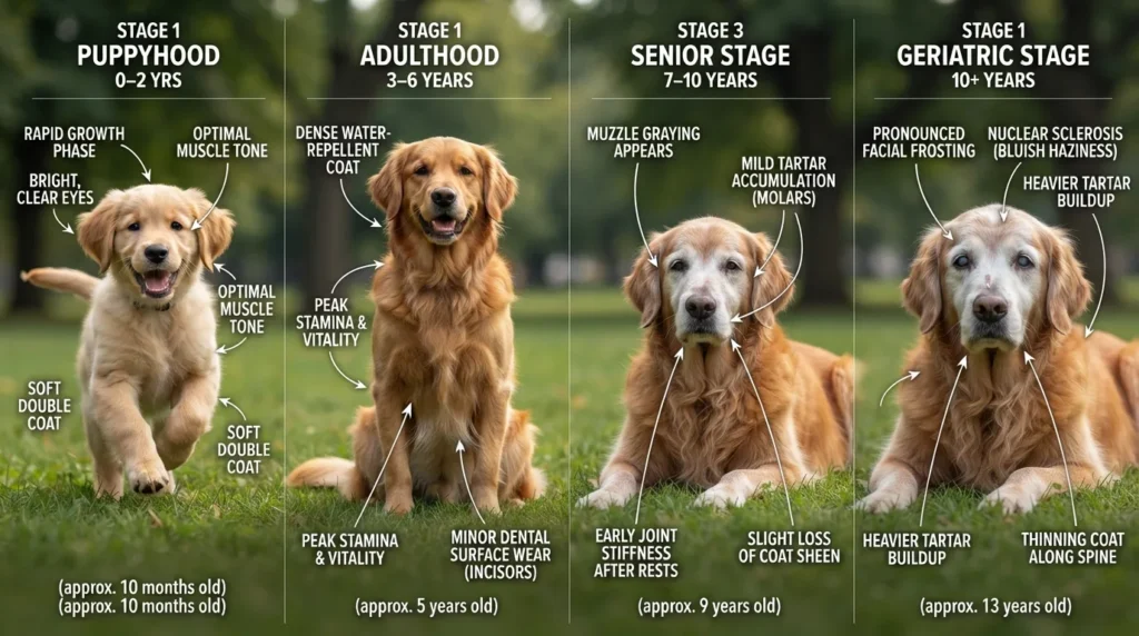 "Infographic tracking Golden Retriever life stages from puppy to geriatric, detailing physical signs of aging like muzzle graying, cloudy eyes, and dental wear."