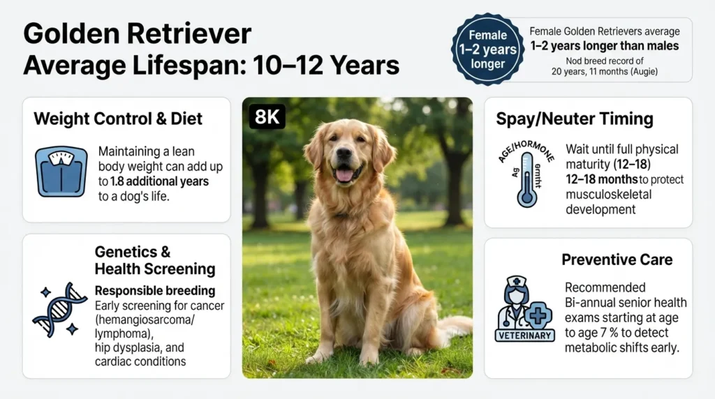 Infographic showing a Golden Retriever's average lifespan of 10 to 12 years and four core longevity factors: weight control, genetics, spay or neuter timing, and preventive healthcare.