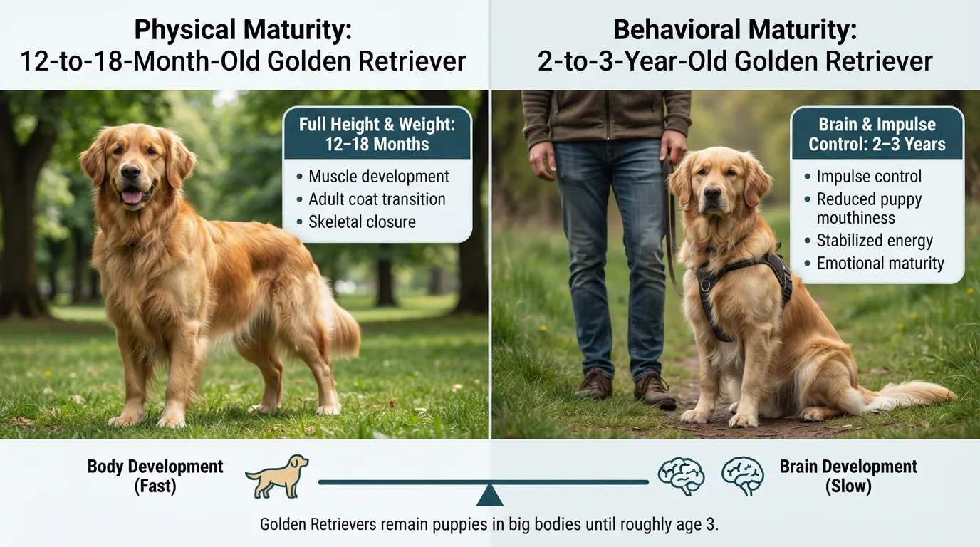 Infographic timeline comparing physical growth (8 to 18 months) versus behavioral maturity (2 to 3 years) in Golden Retrievers, illustrating when energy levels stabilize.
