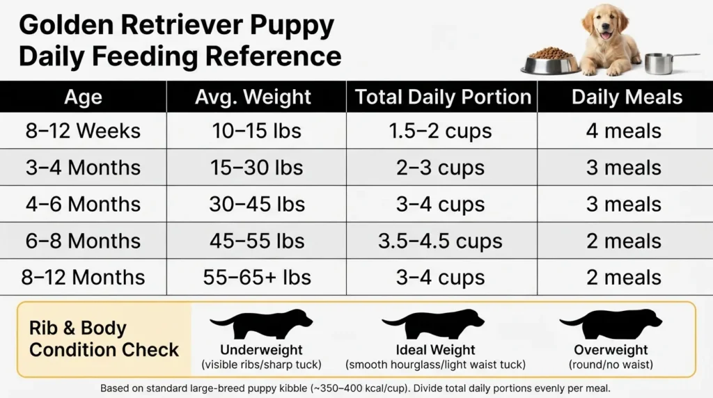 A detailed feeding chart infographic for Golden Retriever puppies showing age-based daily food portions in cups, target weight ranges, and meal frequency from 8 weeks to 12 months.