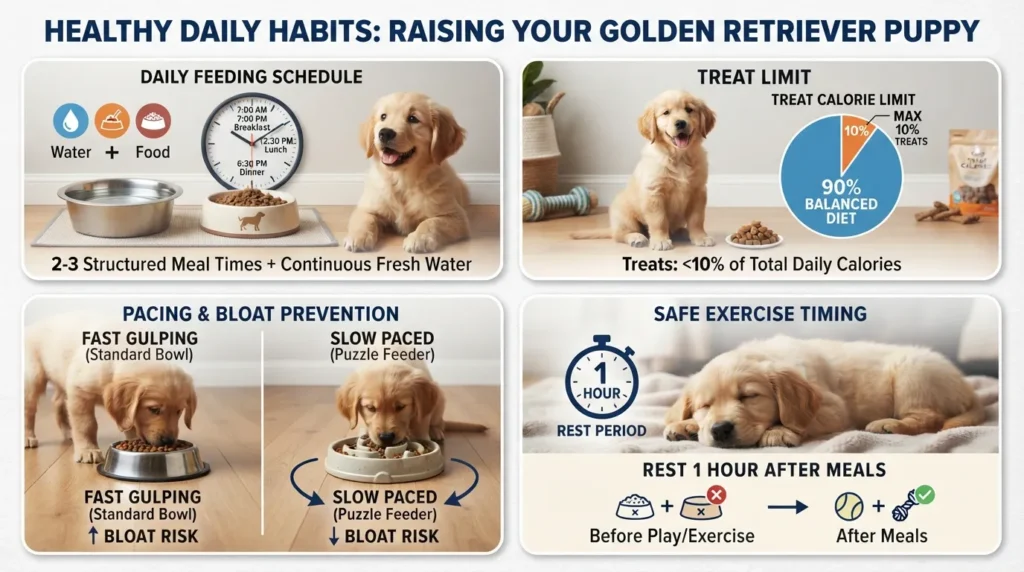 Infographic detailing essential feeding and growth tips for a healthy Golden Retriever puppy, including meal timing, hydration, treat limits, and slow-feeder bowls.